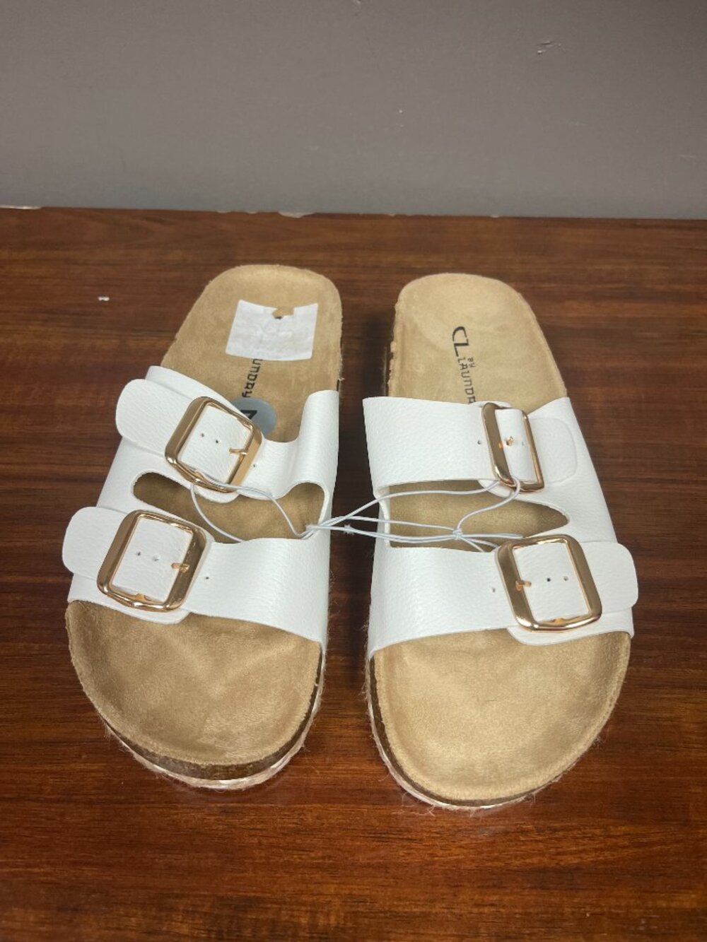 CL by Laundry White Double Buckle Cork Footbed Slide Sandals Womens Size 7